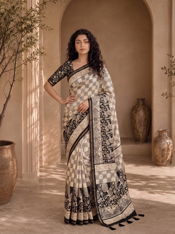 Kalava Art Silk Saree – Cream Black Pen Kalamkari Digital Print