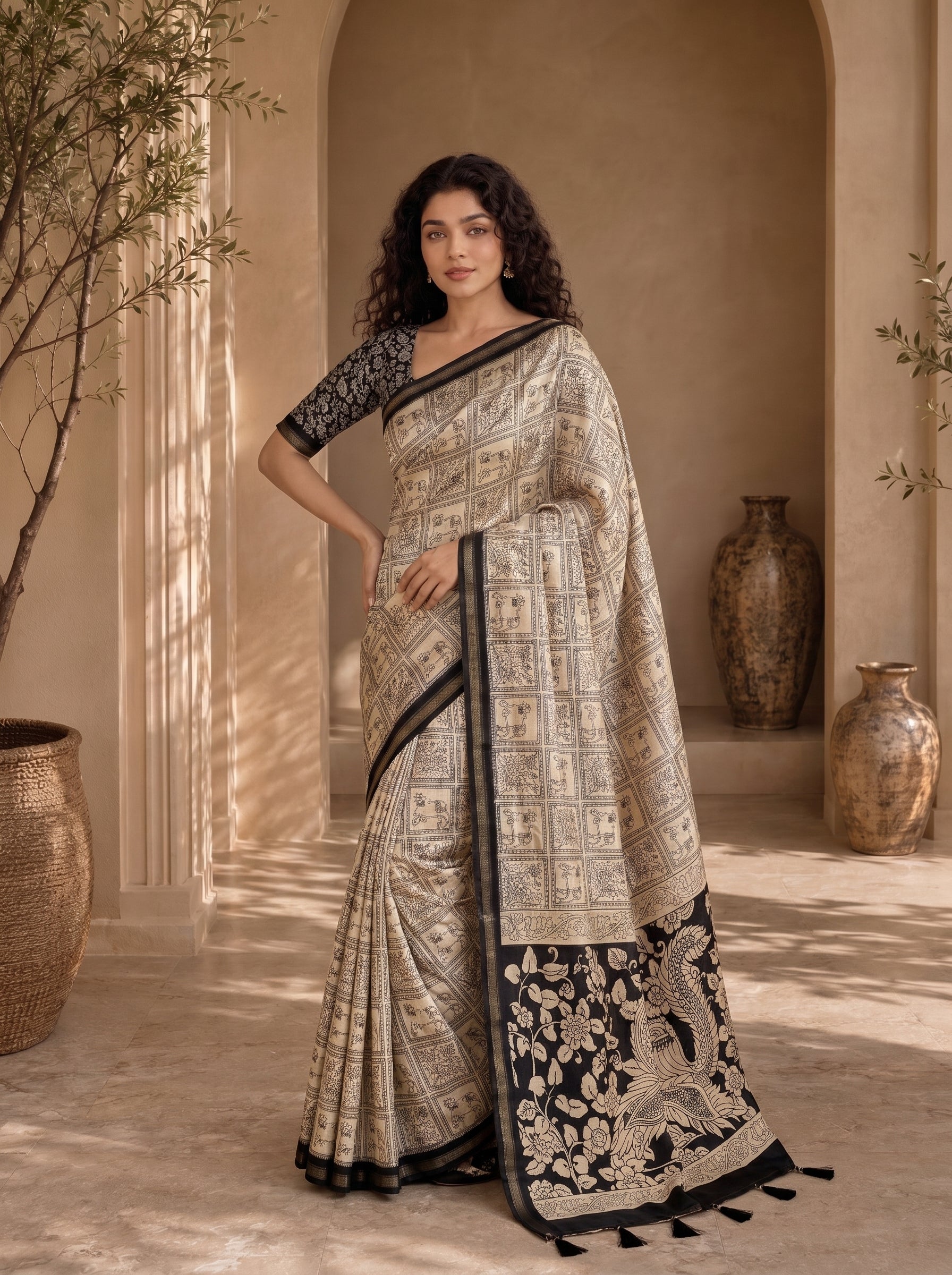 Kalava Art Silk Saree – Cream Black Peacock Pen Kalamkari Digital Print