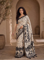 Kalava Art Silk Saree – Cream Black Heritage Animal Pen Kalamkari Digital Print