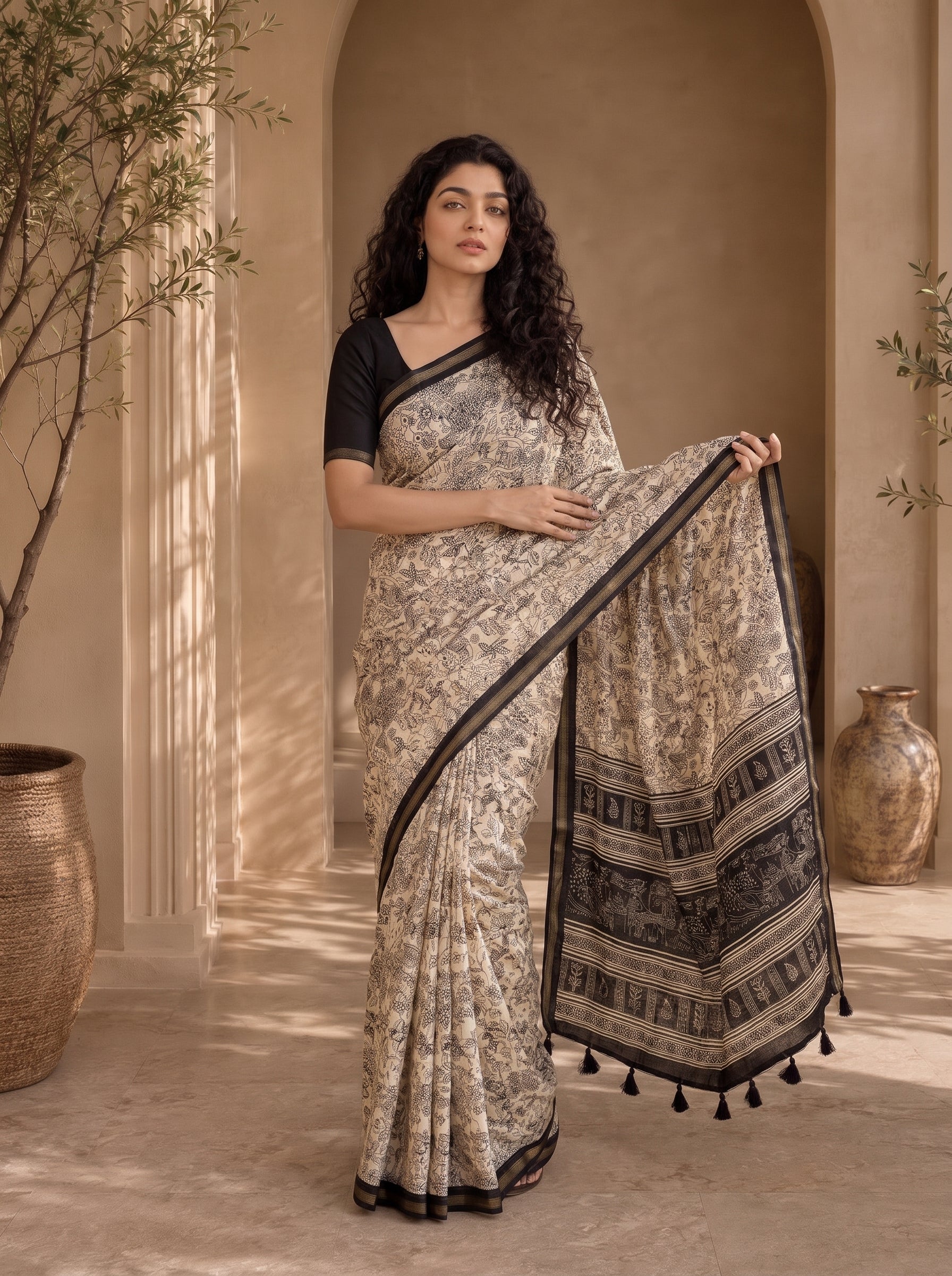 Kalava Art Silk Saree – Cream Black Heritage Forest Pen Kalamkari Digital Print