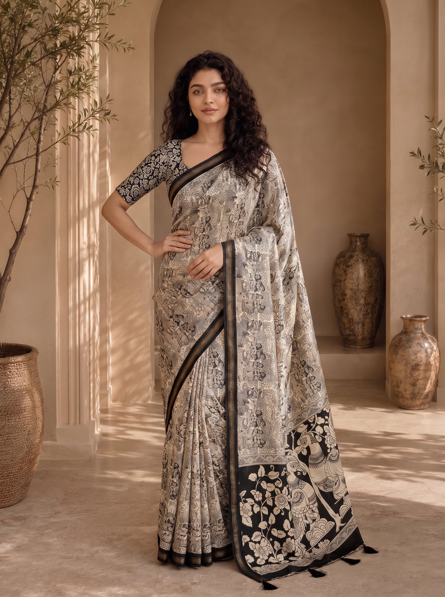 Kalava Art Silk Saree – Cream Black Heritage Peacock Pen Kalamkari Digital Print