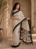Kalava Art Silk Saree – Cream Black Floral Peacock Pen Kalamkari Digital Print
