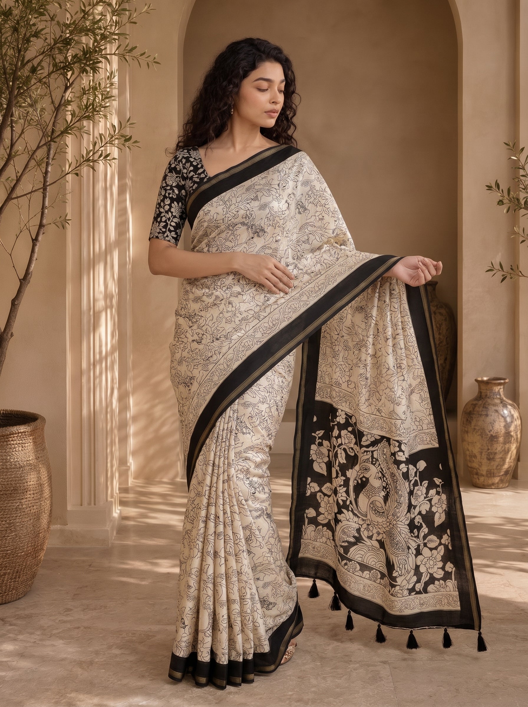 Kalava Art Silk Saree – Cream Black Floral Peacock Pen Kalamkari Digital Print