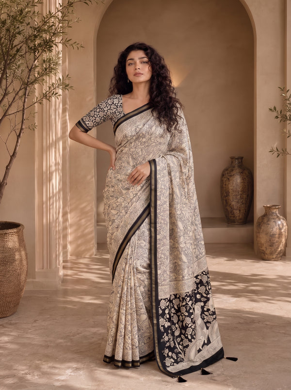 Kalava Art Silk Saree – Cream Black Bird Pen Kalamkari Digital Print