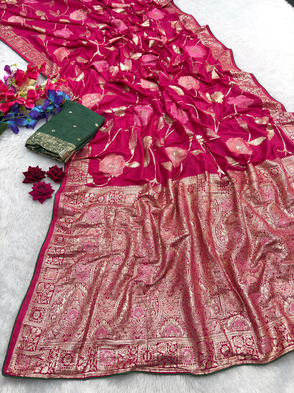 Pink Pure Viscose Muslin Saree with Floral Meenakari Weave