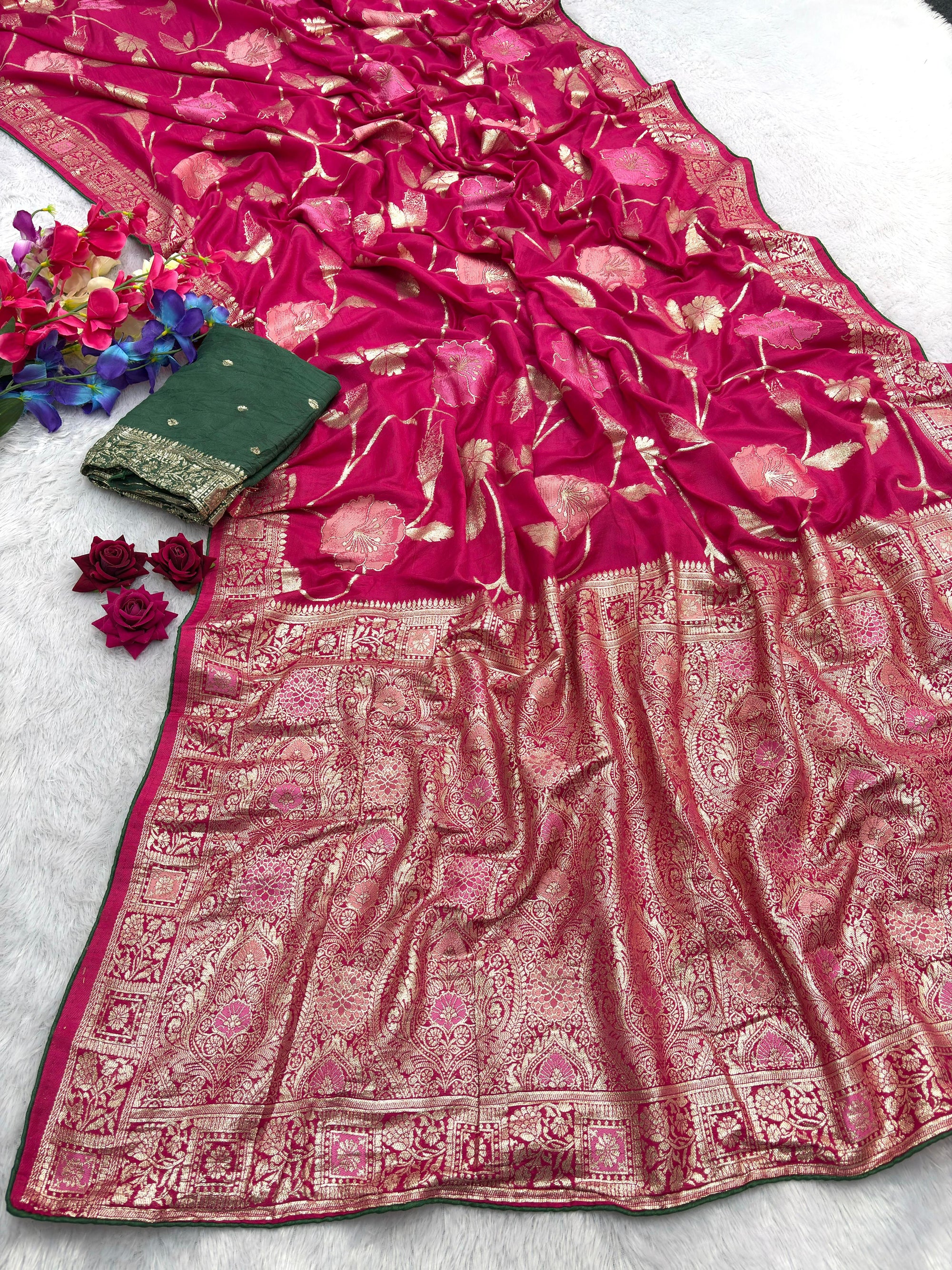 Pink Pure Viscose Muslin Saree with Floral Meenakari Weave