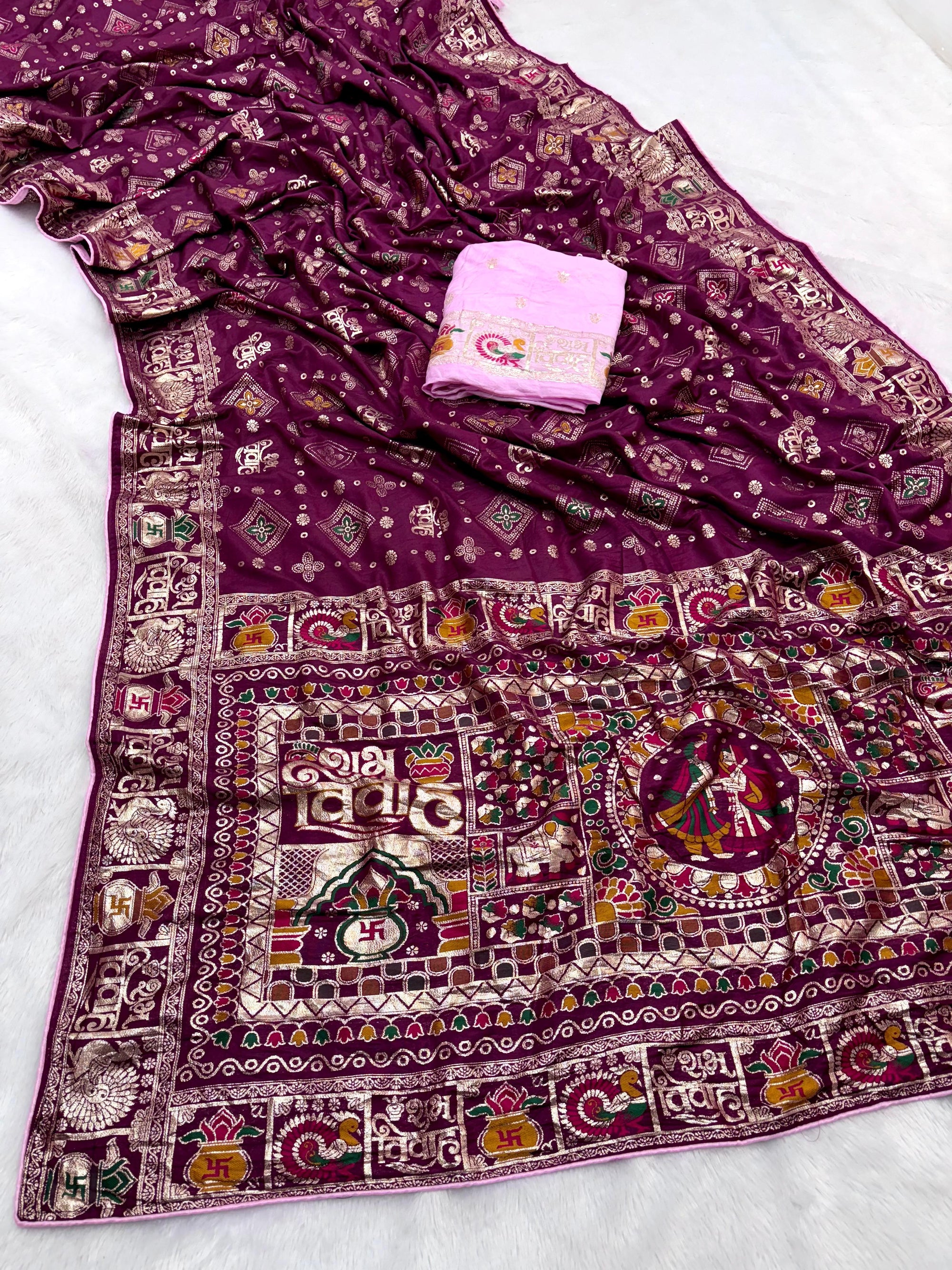 Subh Vivah Wine Pure Viscose Muslin Silk Saree