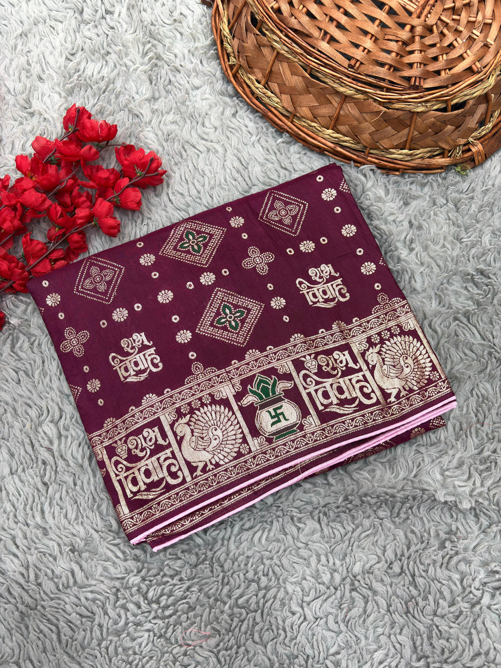 Subh Vivah Wine Pure Viscose Muslin Silk Saree