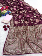 Wine Pure Viscose Muslin Saree with Floral Meenakari Weave
