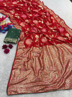 Red Pure Viscose Muslin Saree with Floral Meenakari Weave