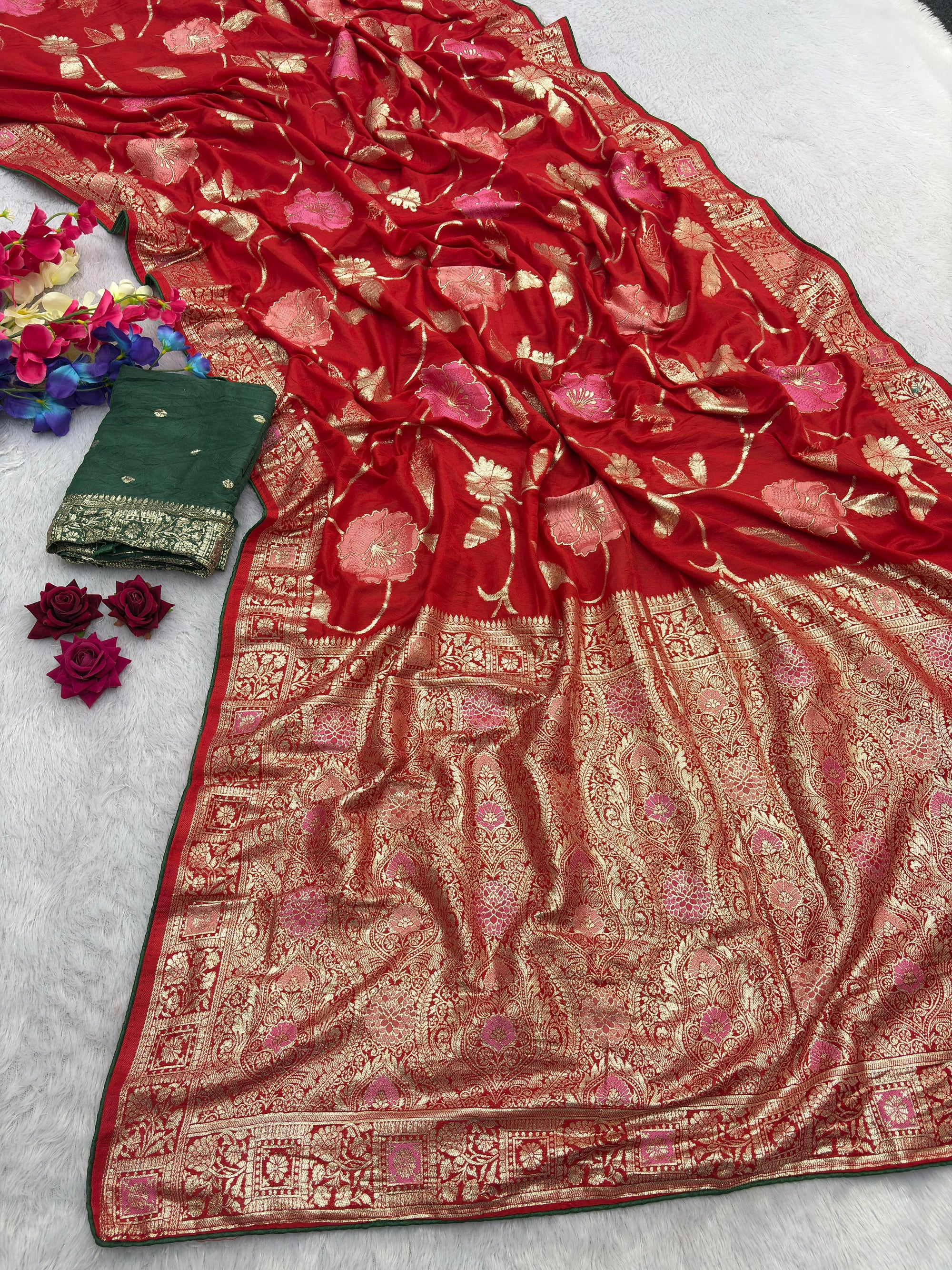 Red Pure Viscose Muslin Saree with Floral Meenakari Weave