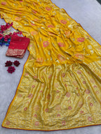 Yellow Pure Viscose Muslin Saree with Floral Meenakari Weave