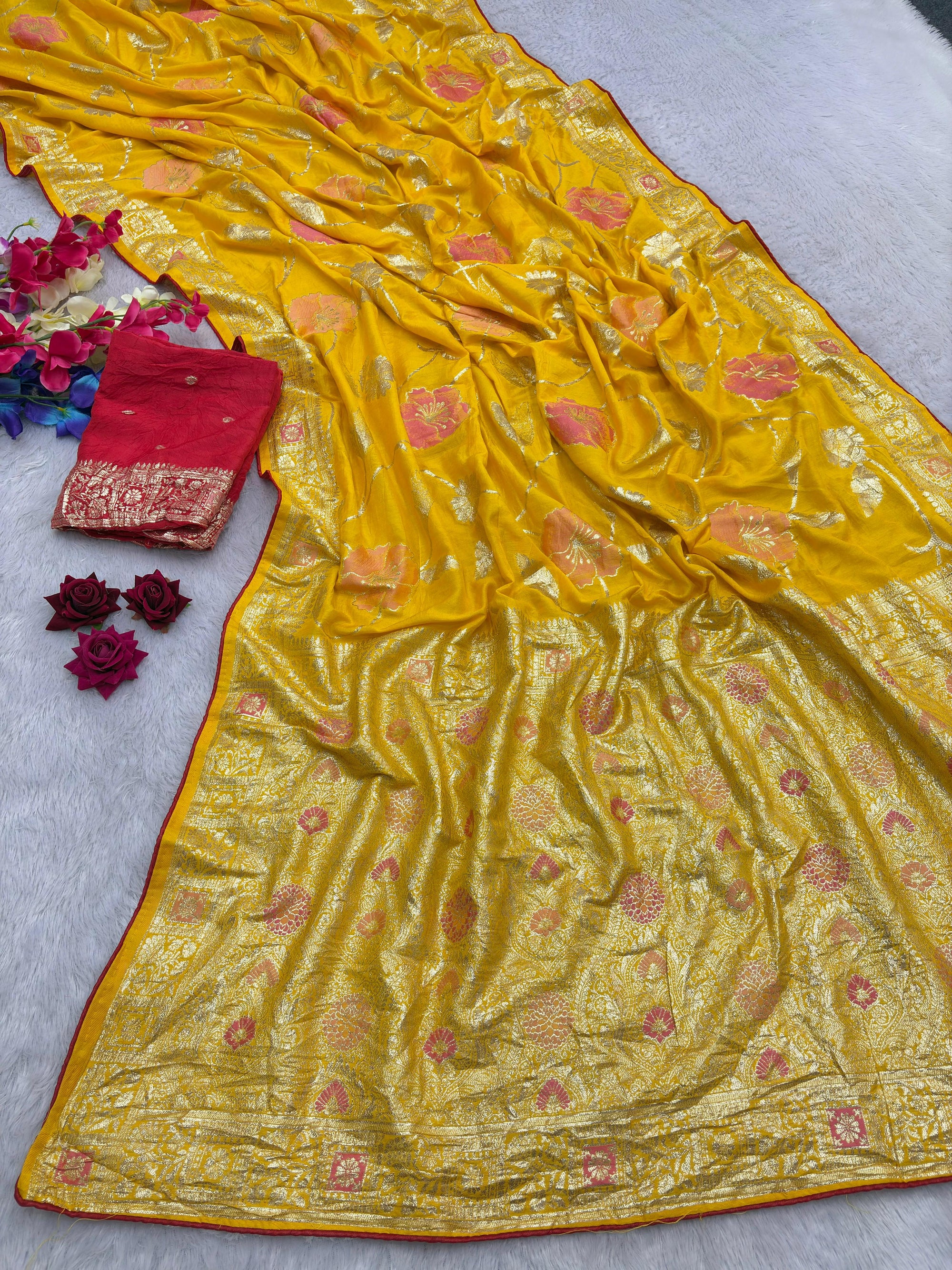 Yellow Pure Viscose Muslin Saree with Floral Meenakari Weave
