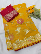 Yellow Pure Viscose Muslin Saree with Floral Meenakari Weave