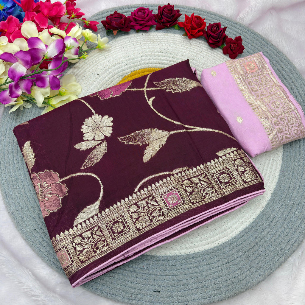 Wine Pure Viscose Muslin Saree with Floral Meenakari Weave