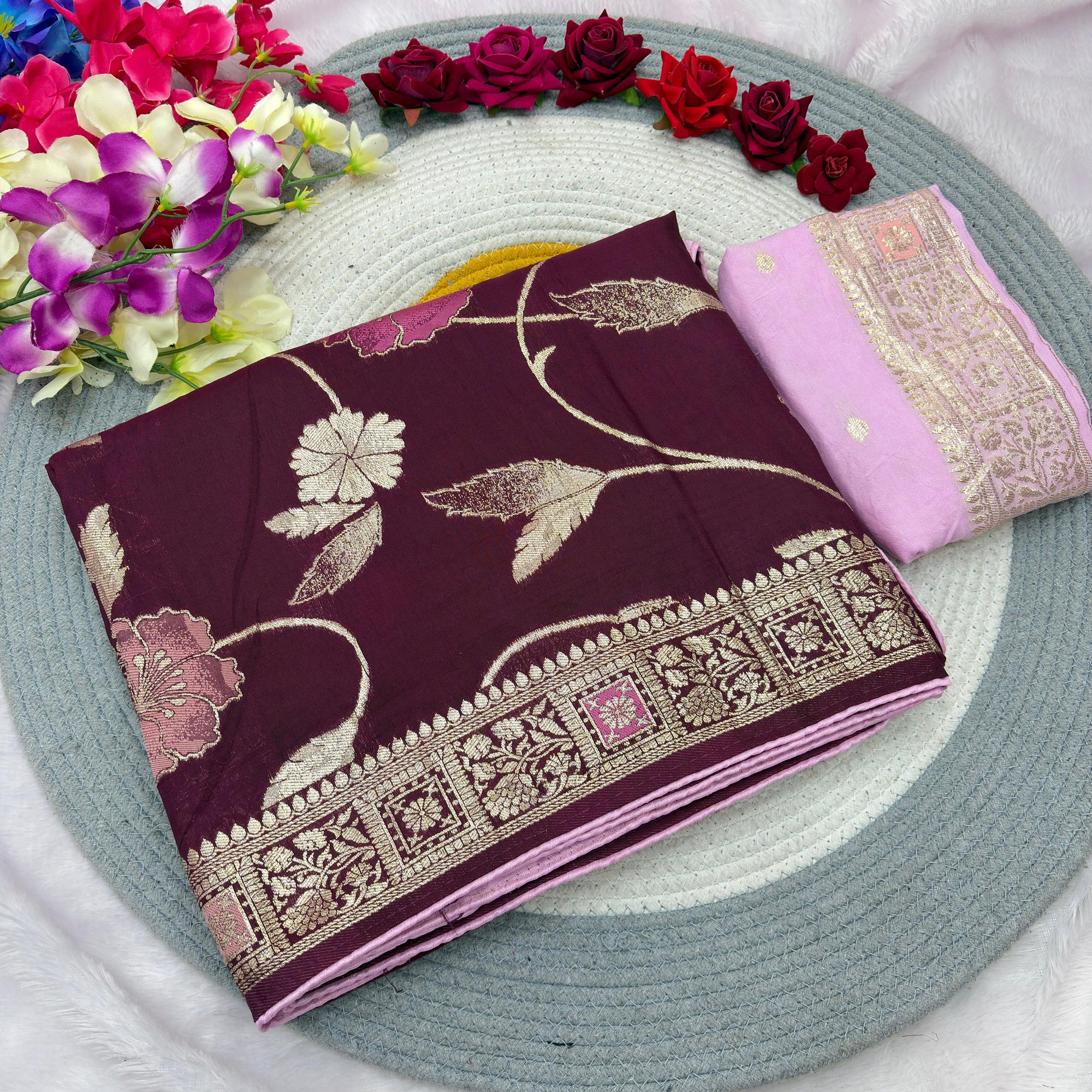 Wine Pure Viscose Muslin Saree with Floral Meenakari Weave
