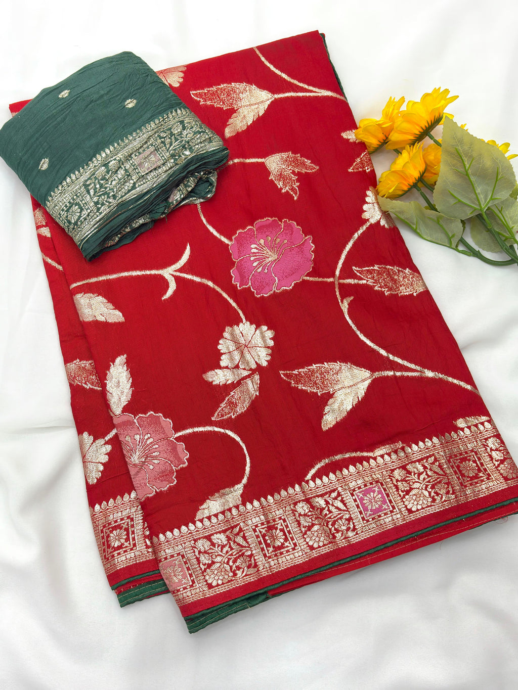 Red Pure Viscose Muslin Saree with Floral Meenakari Weave