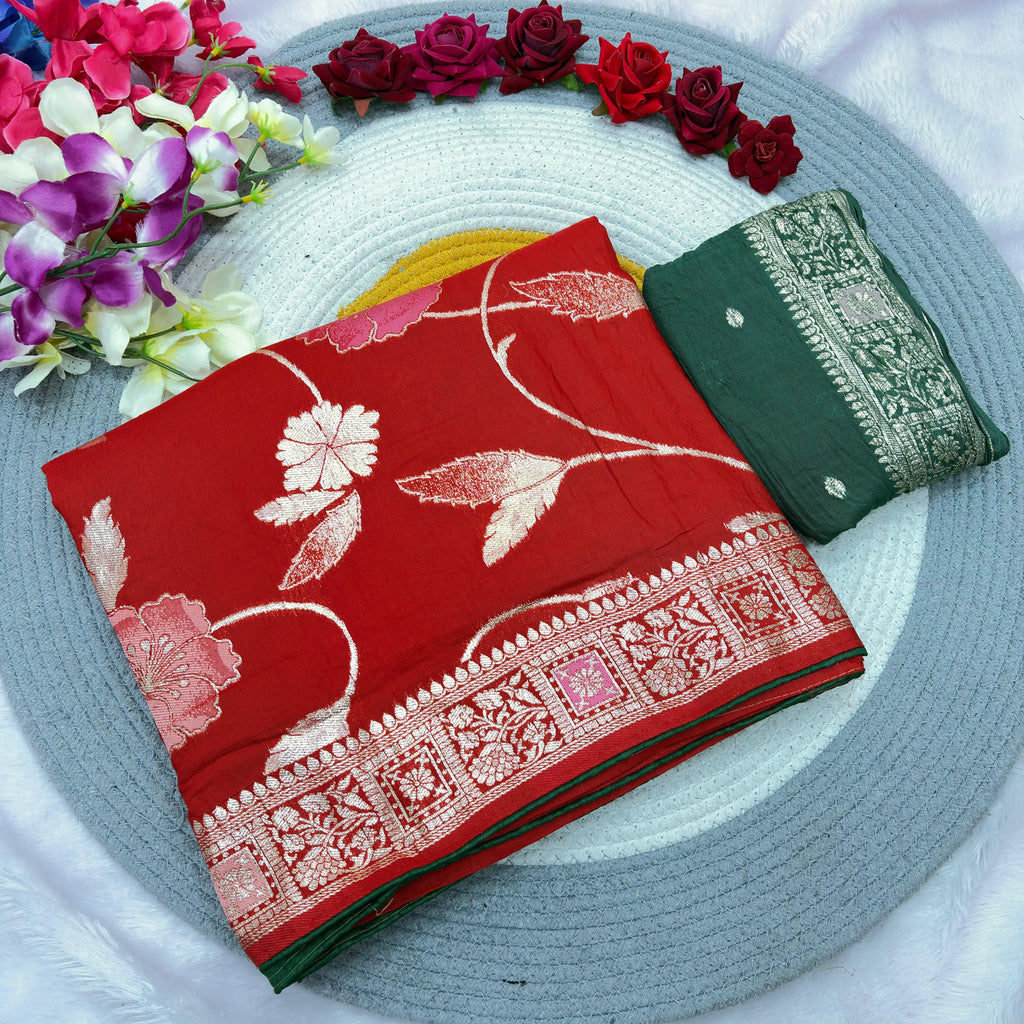 Red Pure Viscose Muslin Saree with Floral Meenakari Weave