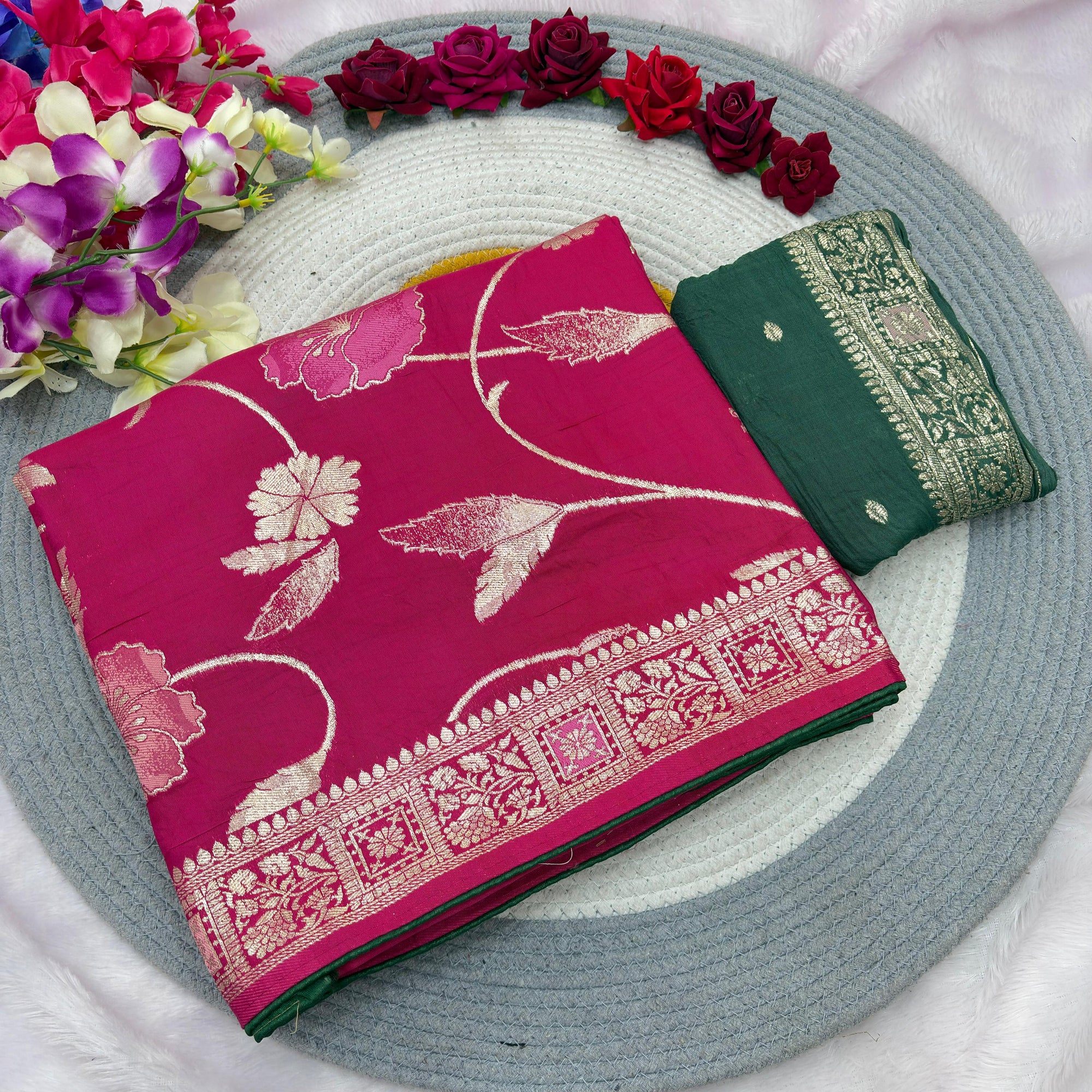 Pink Pure Viscose Muslin Saree with Floral Meenakari Weave