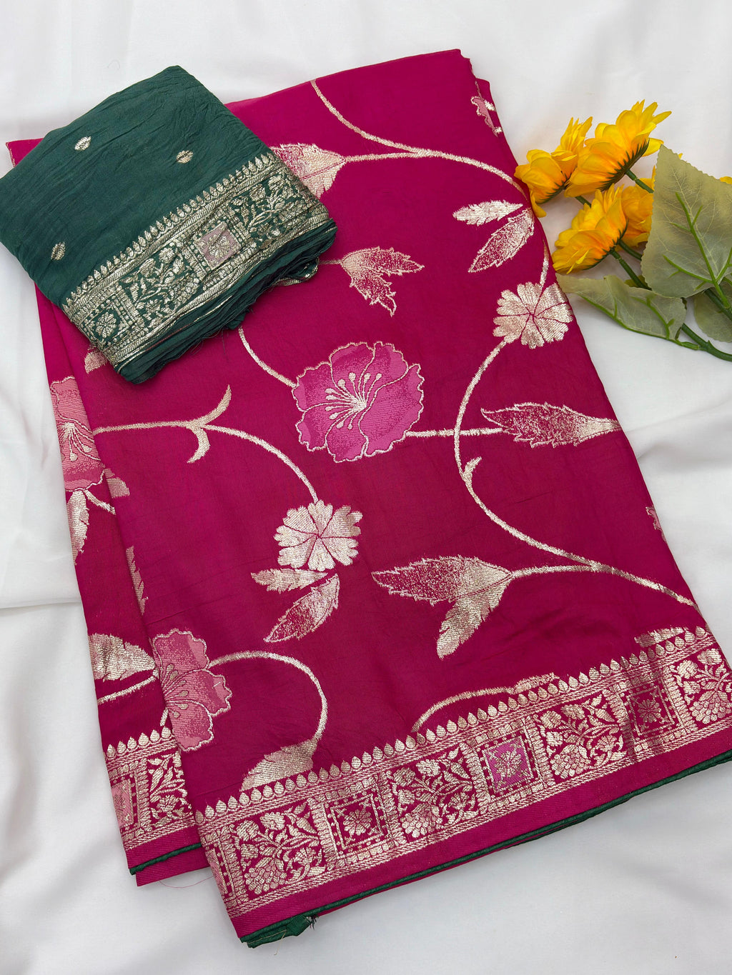 Pink Pure Viscose Muslin Saree with Floral Meenakari Weave