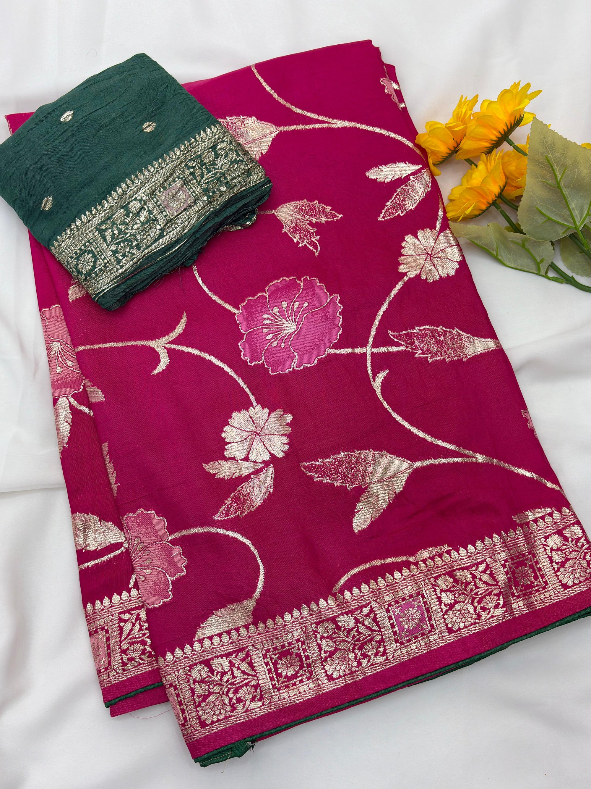 Pink Pure Viscose Muslin Saree with Floral Meenakari Weave