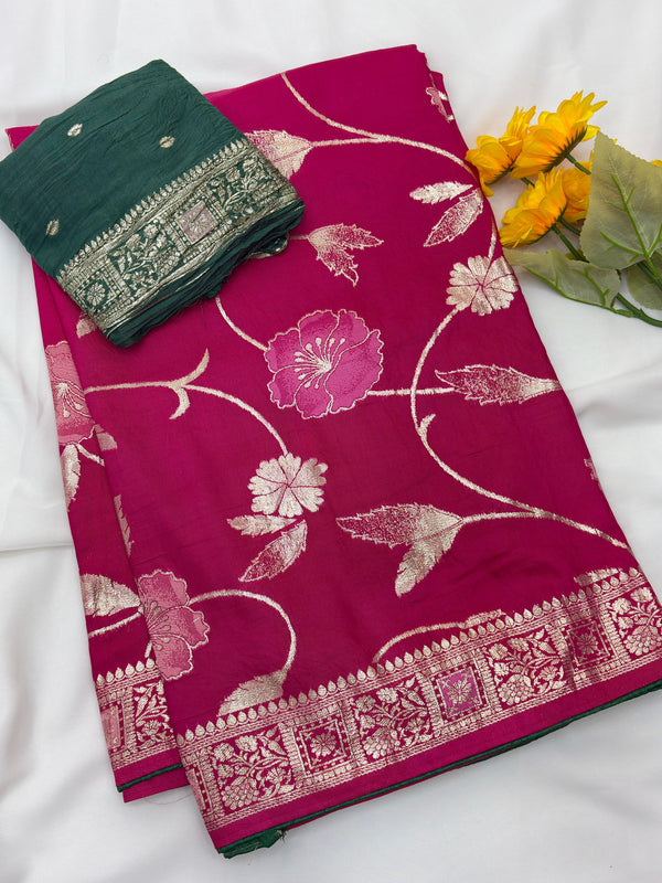 Pink Pure Viscose Muslin Saree with Floral Meenakari Weave