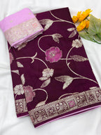 Wine Pure Viscose Muslin Saree with Floral Meenakari Weave