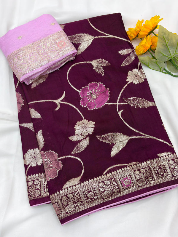 Wine Pure Viscose Muslin Saree with Floral Meenakari Weave