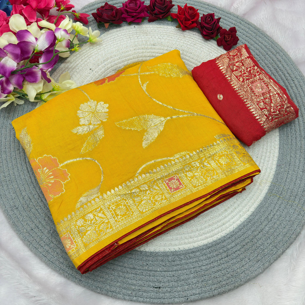Yellow Pure Viscose Muslin Saree with Floral Meenakari Weave