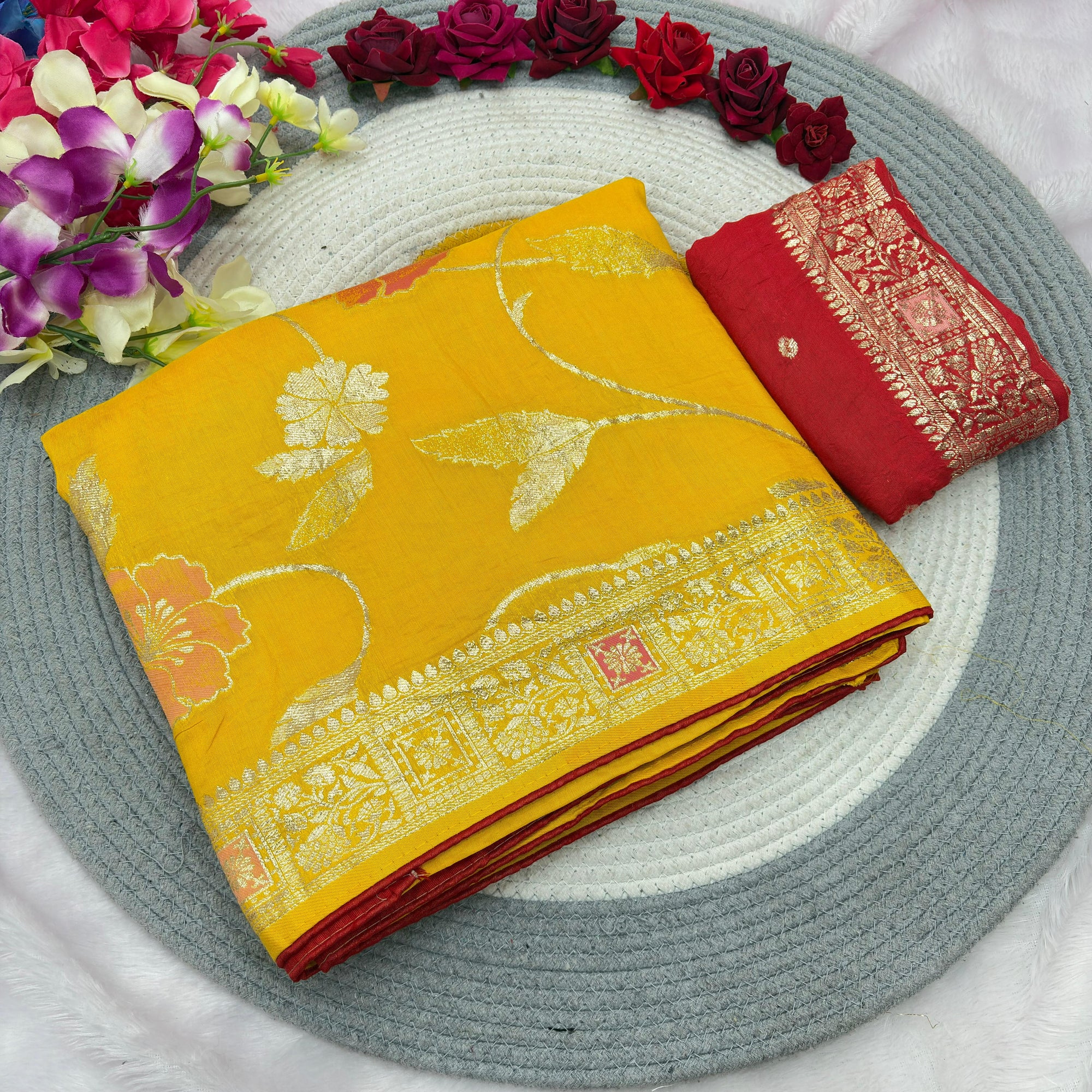 Yellow Pure Viscose Muslin Saree with Floral Meenakari Weave