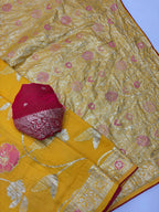 Yellow Pure Viscose Muslin Saree with Floral Meenakari Weave