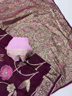 Wine Pure Viscose Muslin Saree with Floral Meenakari Weave