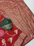 Red Pure Viscose Muslin Saree with Floral Meenakari Weave