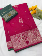Pink Pure Viscose Muslin Saree with Zari Weave and Contrast Piping