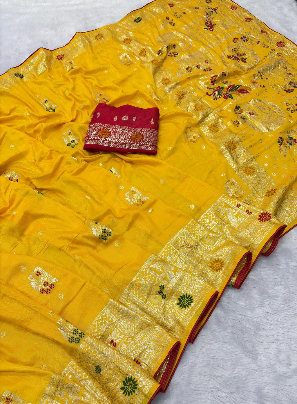 Yellow Pure Viscose Muslin Saree with Zari Weave and Contrast Piping