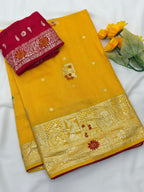 Yellow Pure Viscose Muslin Saree with Zari Weave and Contrast Piping