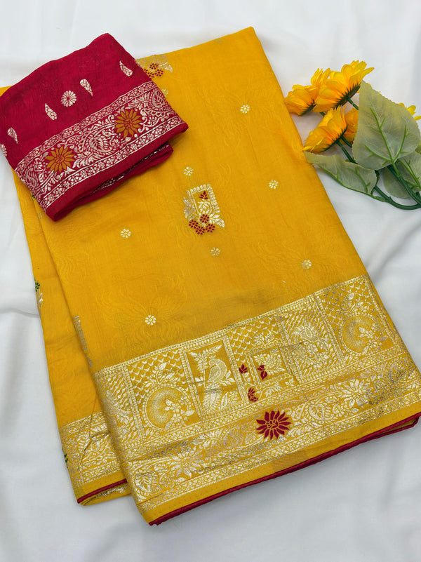 Yellow Pure Viscose Muslin Saree with Zari Weave and Contrast Piping