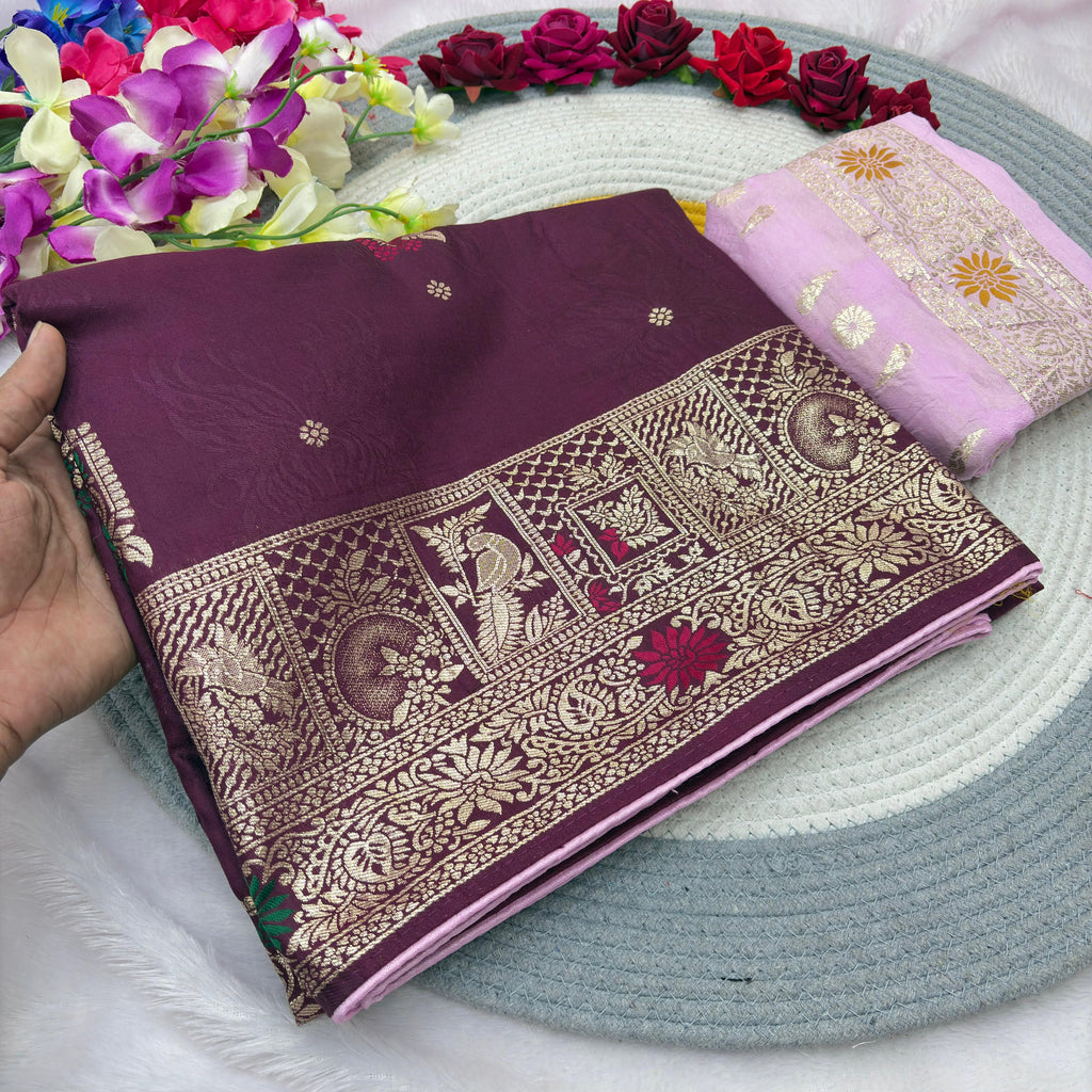 Wine Pure Viscose Muslin Saree with Zari Weave and Contrast Piping