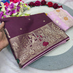 Wine Pure Viscose Muslin Saree with Zari Weave and Contrast Piping