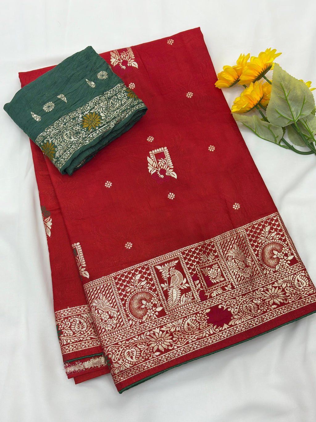 Red Pure Viscose Muslin Saree with Zari Weave and Contrast Piping