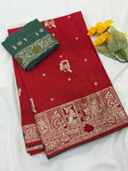 Red Pure Viscose Muslin Saree with Zari Weave and Contrast Piping
