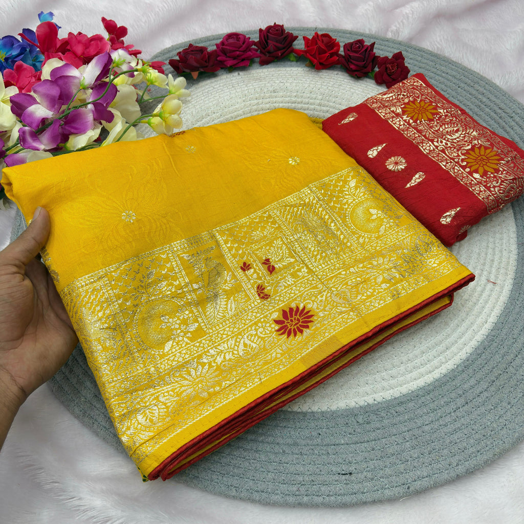 Yellow Pure Viscose Muslin Saree with Zari Weave and Contrast Piping
