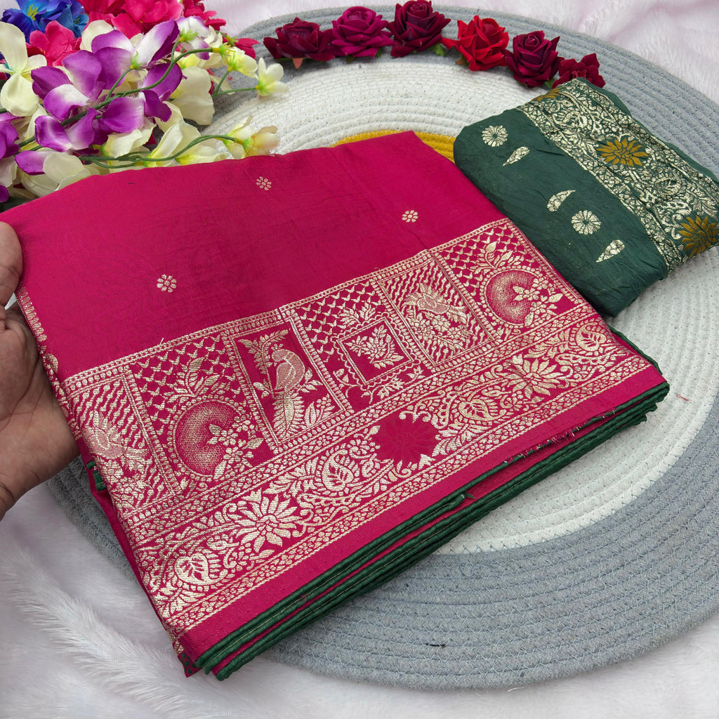 Pink Pure Viscose Muslin Saree with Zari Weave and Contrast Piping