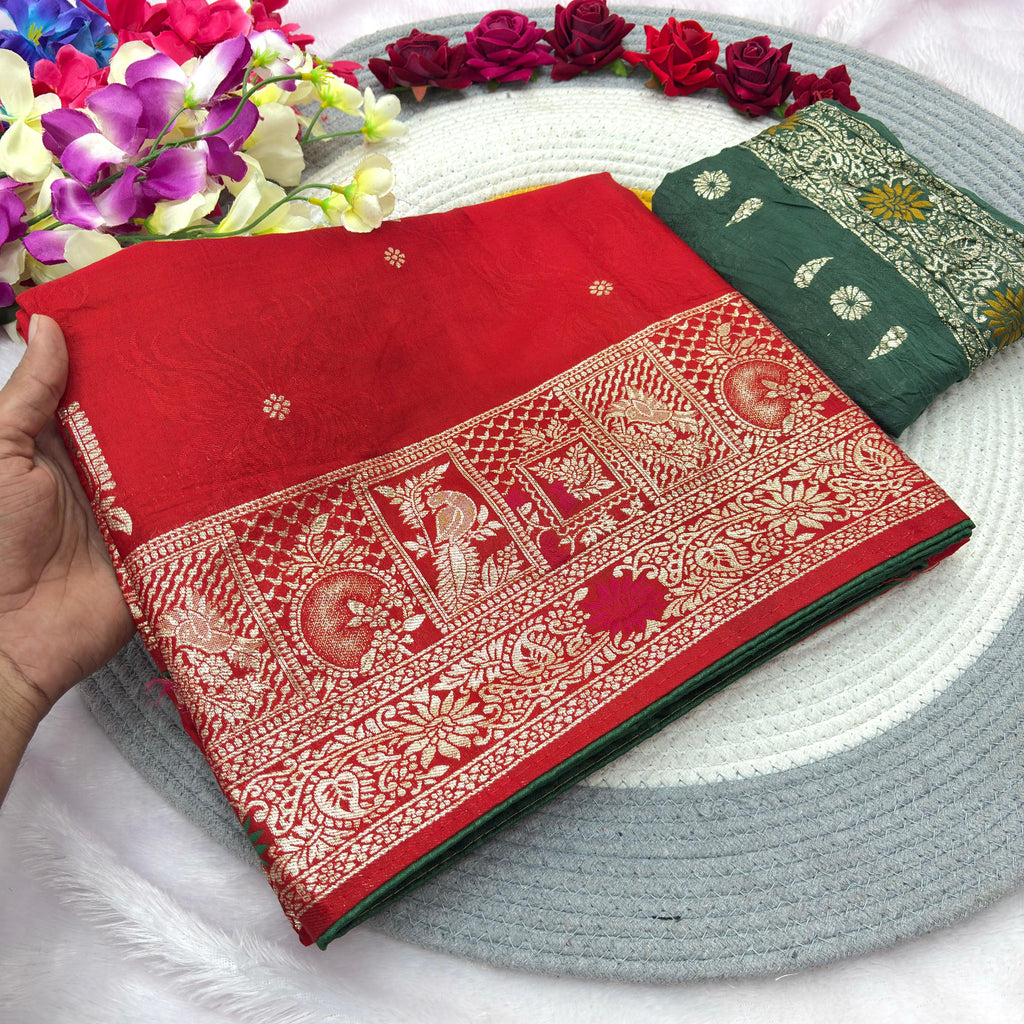 Red Pure Viscose Muslin Saree with Zari Weave and Contrast Piping