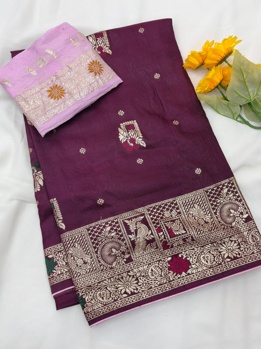 Wine Pure Viscose Muslin Saree with Zari Weave and Contrast Piping