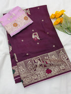 Wine Pure Viscose Muslin Saree with Zari Weave and Contrast Piping