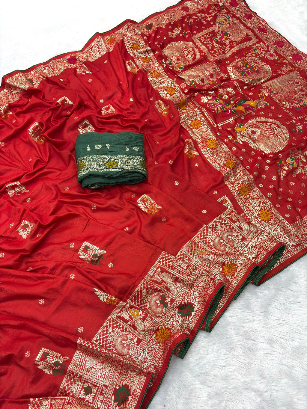 Red Pure Viscose Muslin Saree with Zari Weave and Contrast Piping