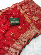 Red Pure Viscose Muslin Saree with Zari Weave and Contrast Piping