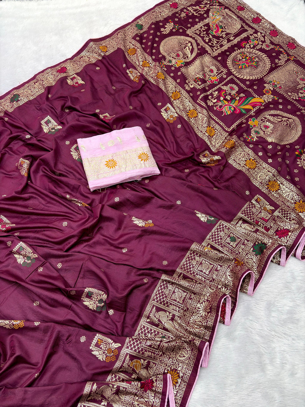 Wine Pure Viscose Muslin Saree with Zari Weave and Contrast Piping