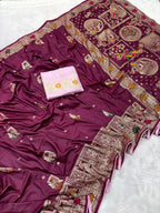 Wine Pure Viscose Muslin Saree with Zari Weave and Contrast Piping